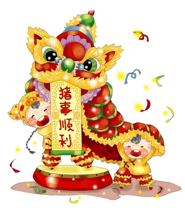 手绘厚涂欢庆猪年之中国传统舞狮插画PNG