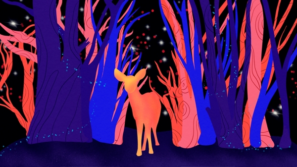 森林与鹿夜晚森林中出没的小鹿手绘海报插画