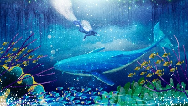 唯美海底探险治愈系梦幻海蓝时见鲸插画