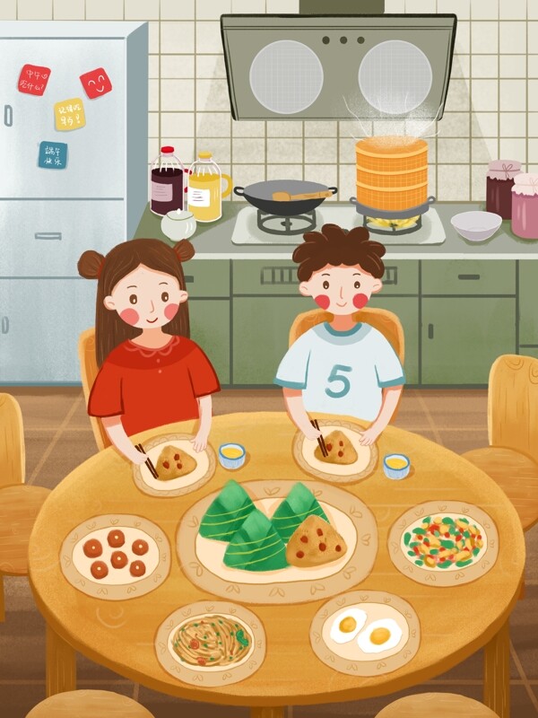 端午节情侣在家吃粽子团圆饭小清新插画