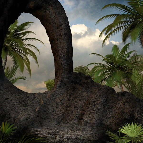 梦幻背景绿树畸形怪石石门拱图片