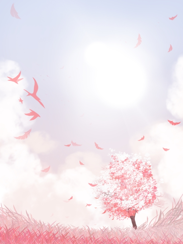 纯原创手绘粉色天空风景樱花树背景