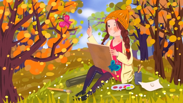 秋天你好坐在山谷里写生画画的女孩清新插画