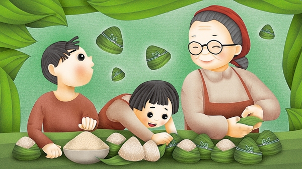 绿色小清新端午节包粽子粽叶一家人原创插画