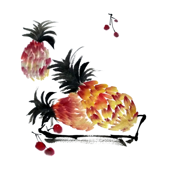 菠萝凤梨水果鲜果热带水墨国画PNG