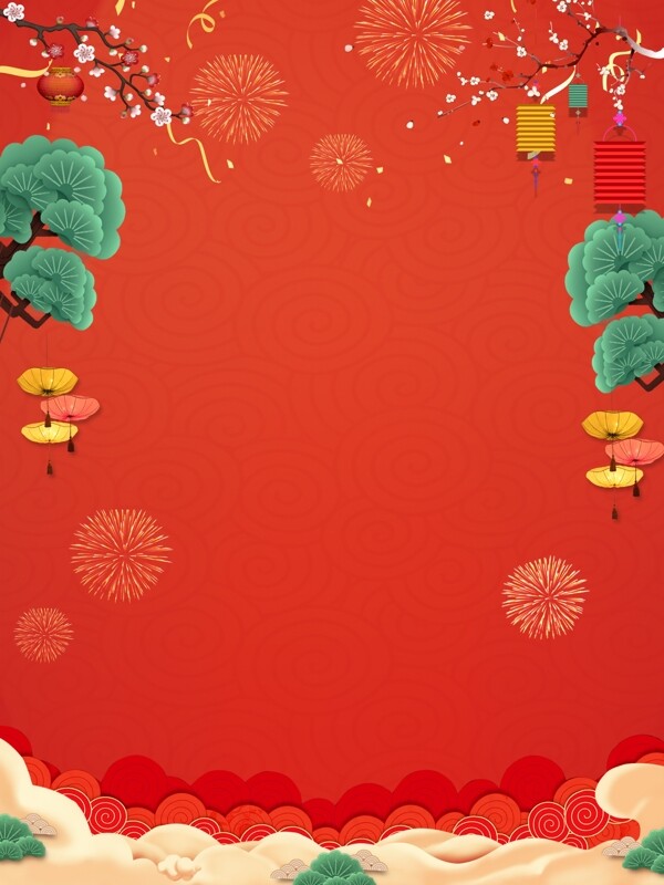中国风烟花灯笼新年背景设计