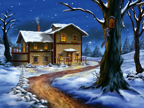 傍晚雪地上的房屋美景图片