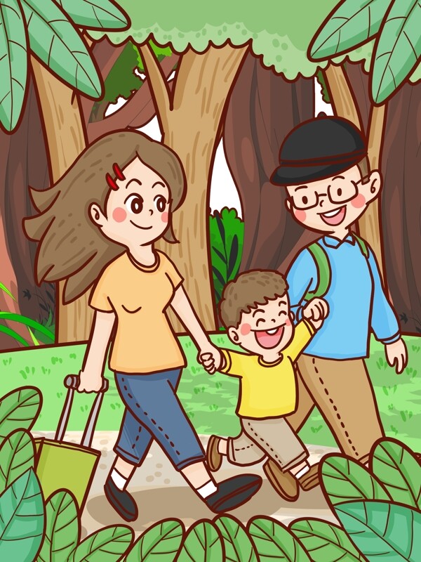 旅游季节全家人带儿子去旅行手绘原创插画