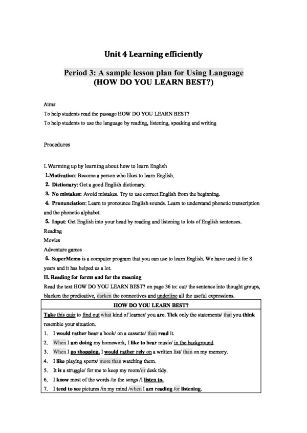 英语人教版Unit4Learningeffectively教案usinglanguage