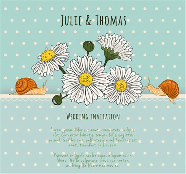 手绘菊花和蜗牛婚礼海报矢量图
