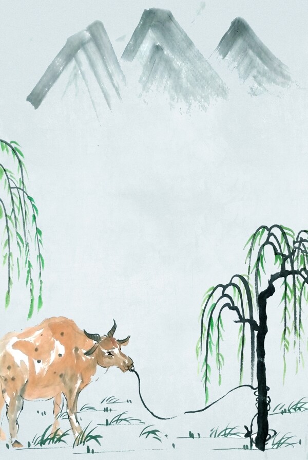 装饰边框水墨国画中国风绿柳黄牛海报背景