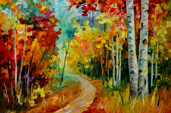 油画秋天的桦树图片