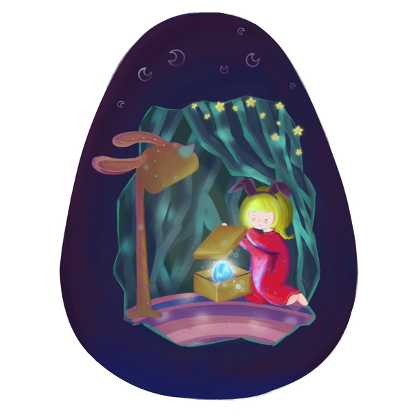 复活节女孩紫色彩蛋兔子梦幻厚涂手绘插画