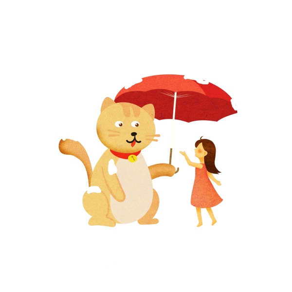撑伞的女孩和猫咪插画元素设计可商用元素
