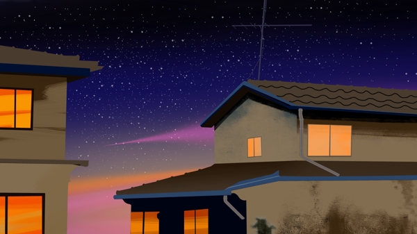 简约创意霓虹晚霞夜晚星空下的复古房子插画