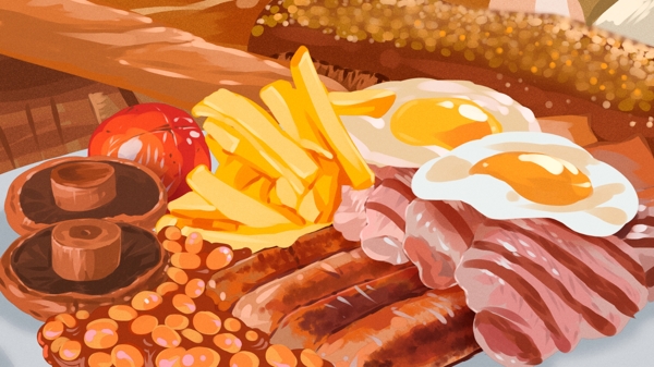 美食大作战西式早餐煎蛋烤肠面包写实插画