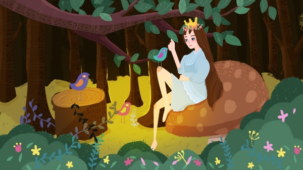 童话森林公主与精灵梦幻治愈系插画