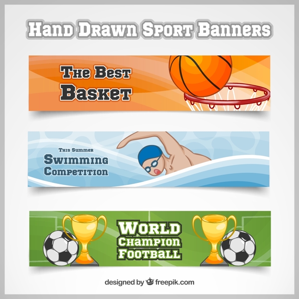 手工绘制的篮球游泳和足球的横幅