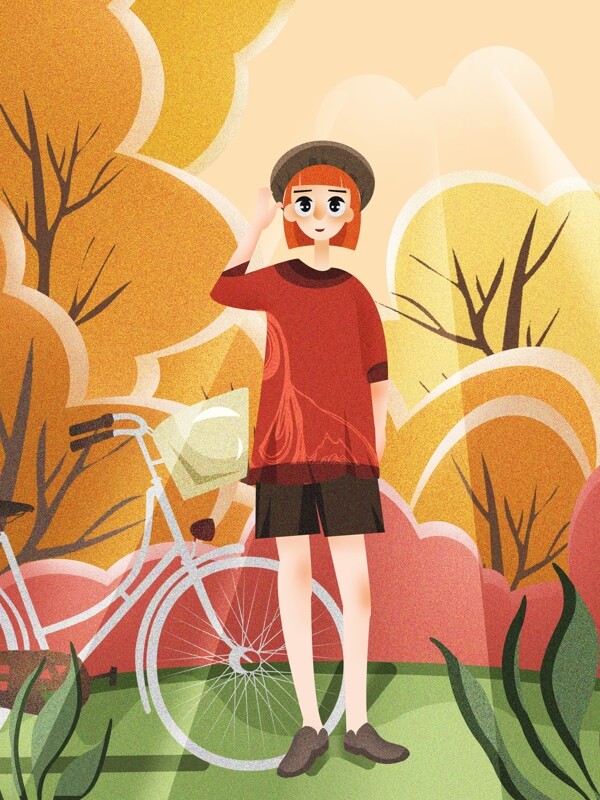 黄色插画夏季短袖女孩自行车背景设计