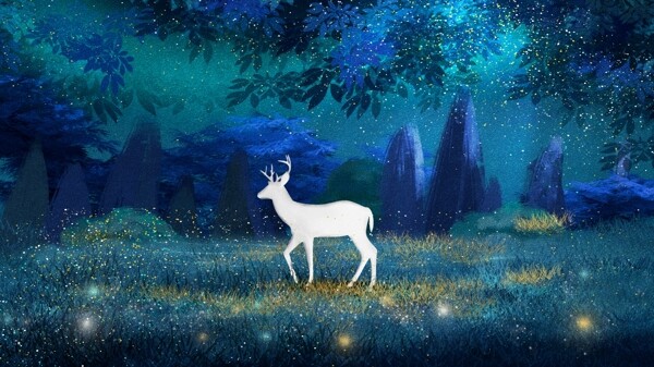唯美梦幻创意手绘治愈系森林与鹿插画