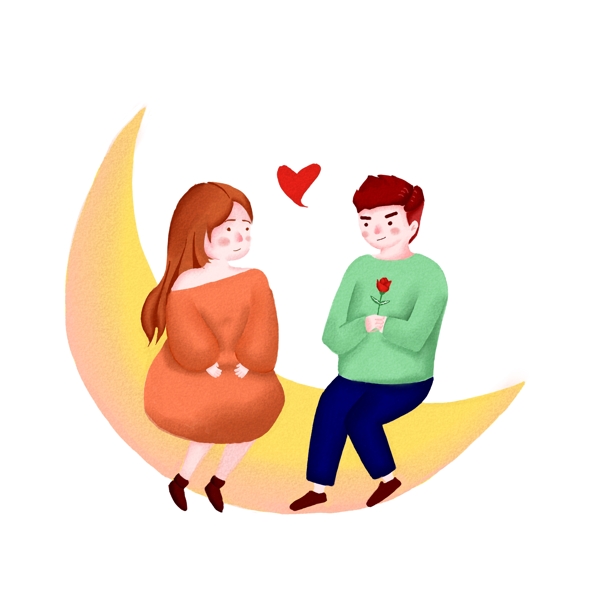 手绘坐在月亮上的情侣插画