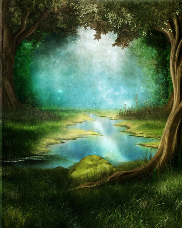 湖水光斑树林背景图片