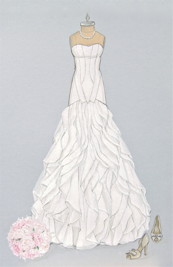 白色花瓣抹胸婚纱设计图