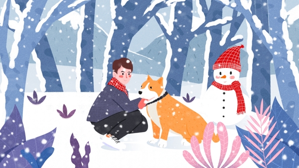 大雪冬季男孩和狗在雪中堆雪人插画