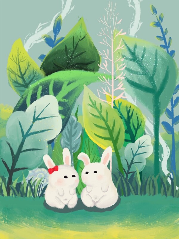 原创小清新可爱兔子欢乐时光治愈插画海报