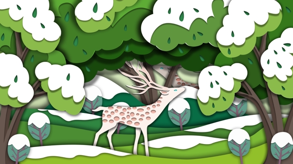 剪纸风简约森系森林与鹿插画