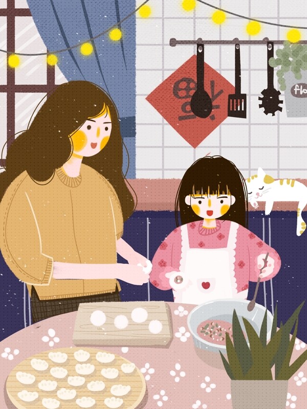 扁平风手绘女孩和妈妈包饺子新年场景插画