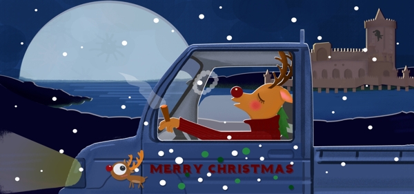 圣诞节剪纸风麋鹿司机搞怪送礼物扁平插画