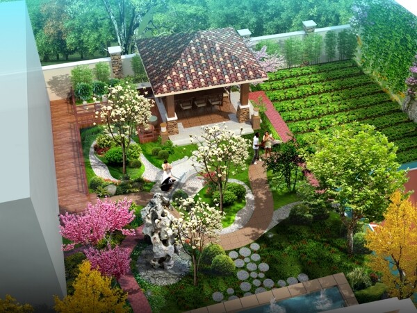 后院中国风庭院景观园林效果图