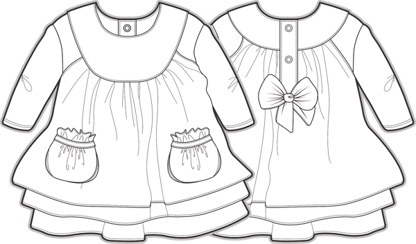 三层边裙子女宝宝服装设计线稿矢量素材