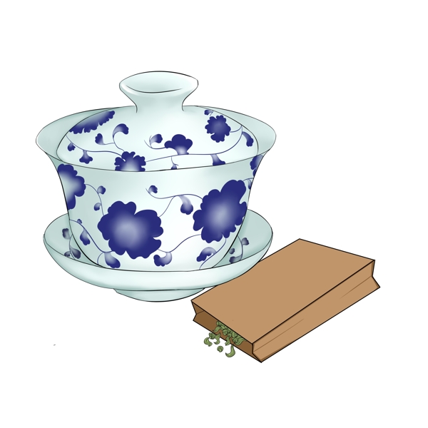 卡通青花瓷茶插画