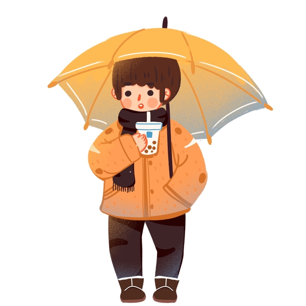 卡通清新冬日撑着伞的男孩