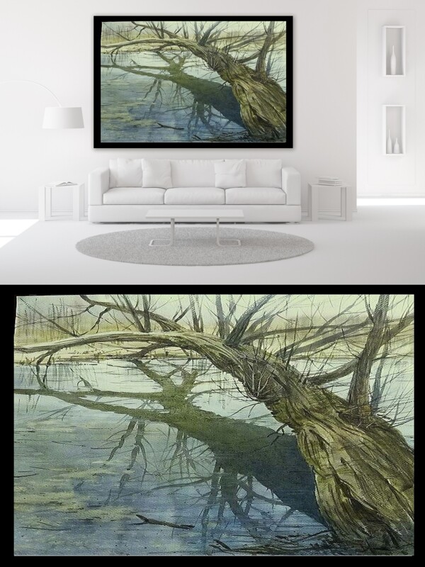 河岸边枯树倒映风景油画装饰画