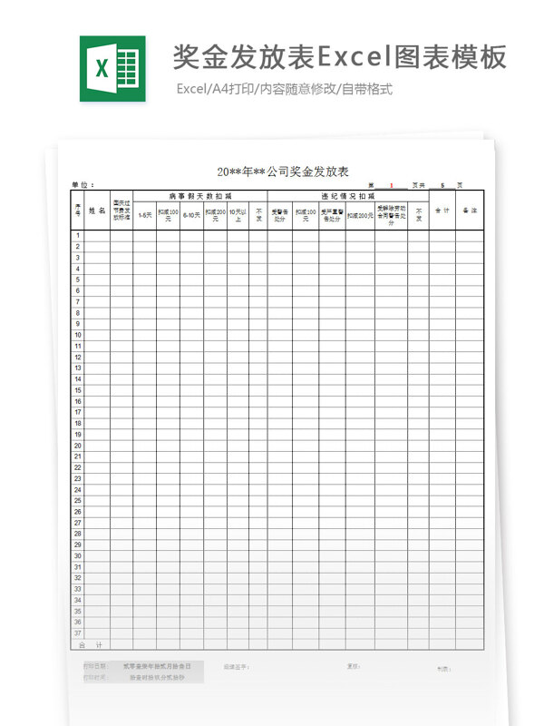 奖金发放表Excel图表模板