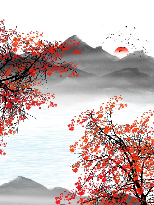中式手绘红杏花儿飞鸟装饰画