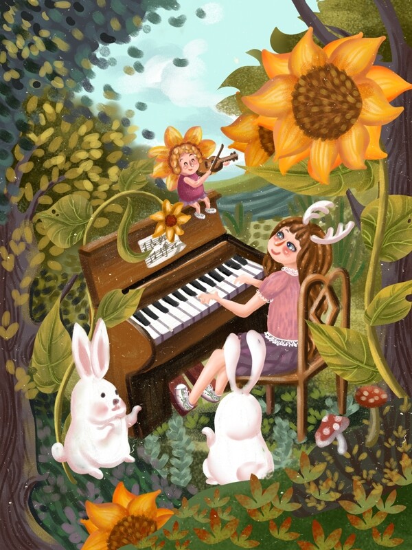 世界儿歌日向日葵女孩弹钢琴蘑菇森林兔子
