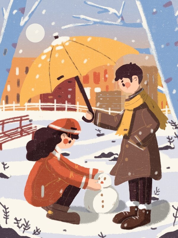 情侣冬季日常堆雪人插画
