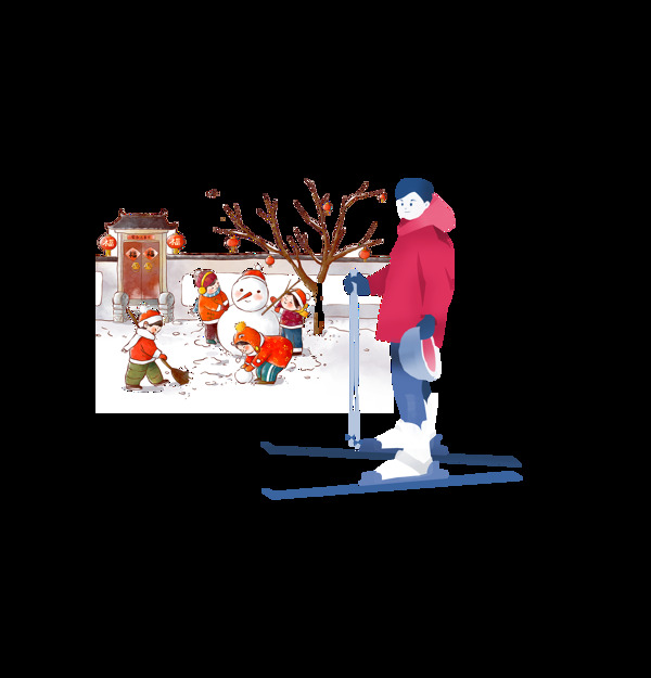 手绘卡通冬天滑雪装饰素材