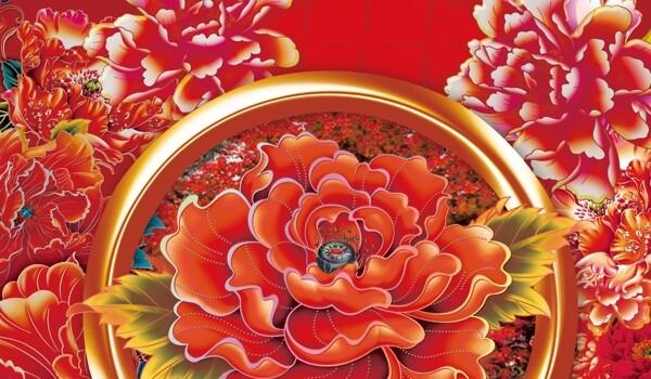红色的牡丹中式婚礼背景设计