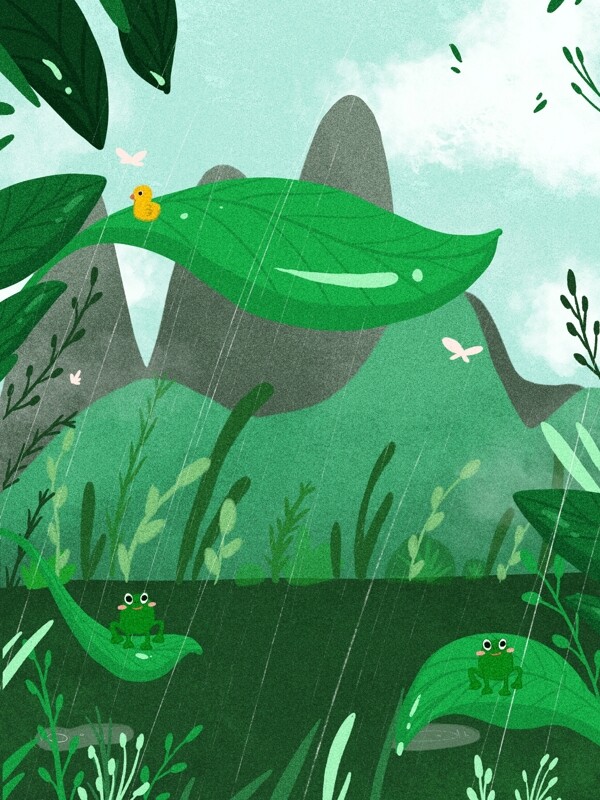 绿色手绘雨季山水插画背景