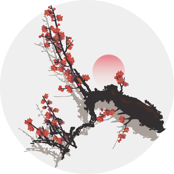 手绘中国风水墨植物梅花花朵落日装饰元素