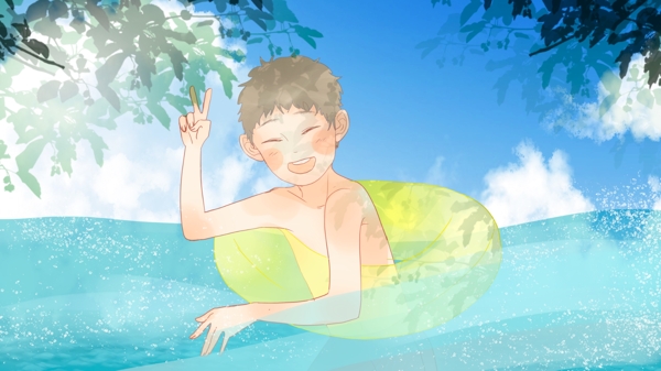 简约清新夏日场景在海里游泳的小男孩