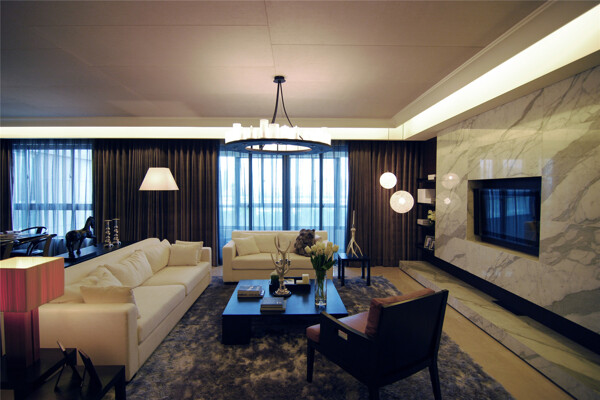 现代时尚贵气客厅深色花纹地毯室内装修图