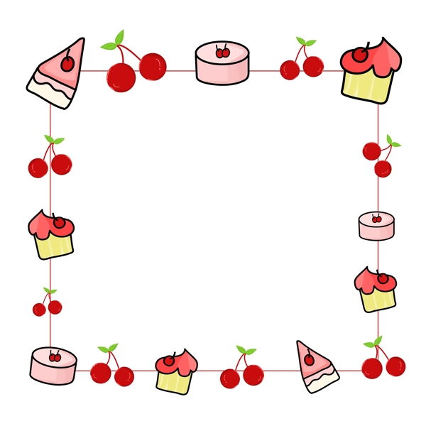 手绘插画樱桃水果蛋糕边框