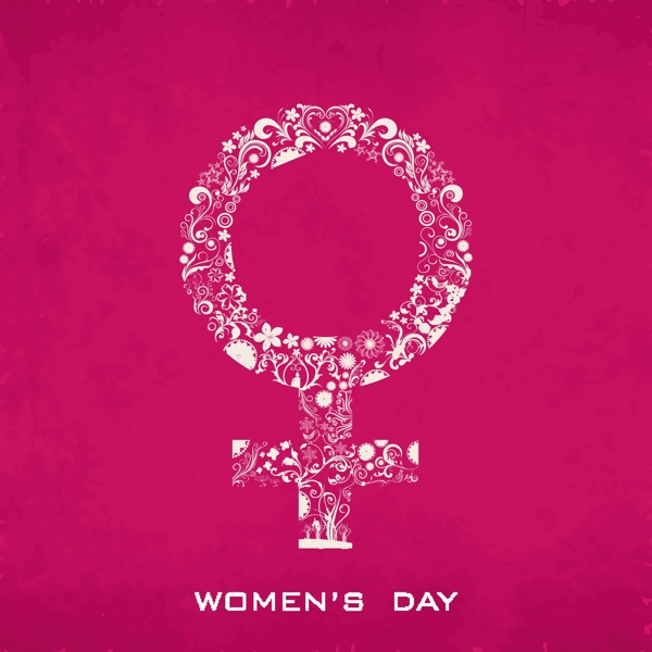 三八妇女节贺卡或海报在肮脏的粉红色背景的女人标志设计