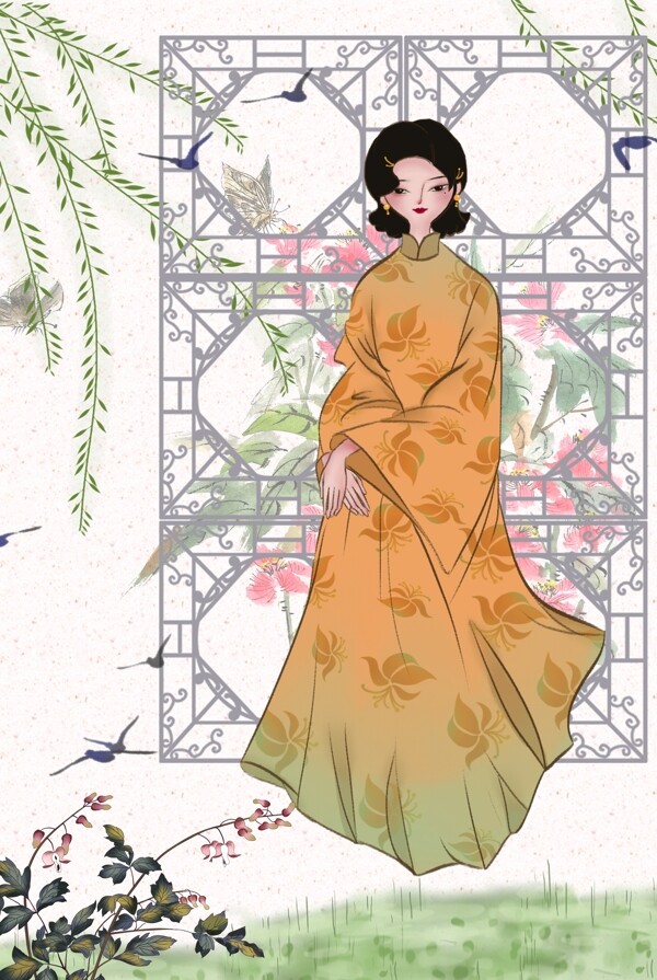 中国风春天柳树下的古装女孩